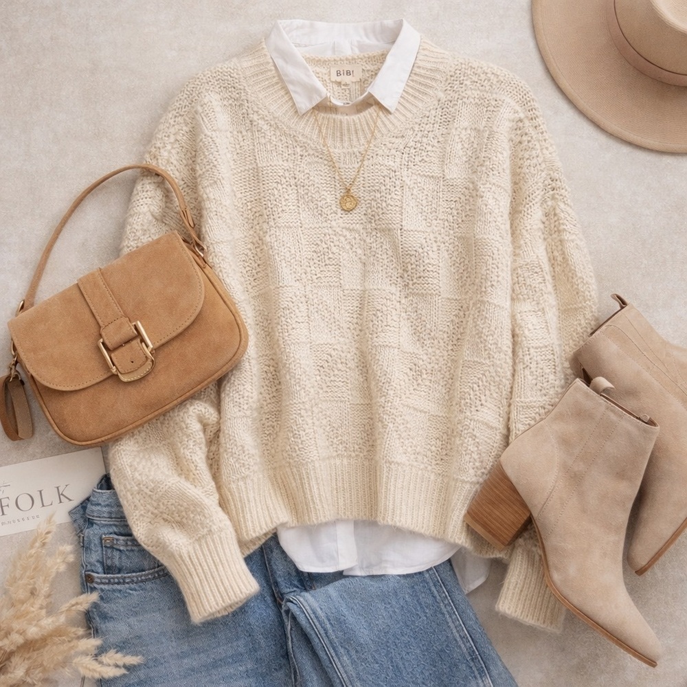 NWT BiBi Ivory Textured Knit Sweater Size L Cozy Lightweight